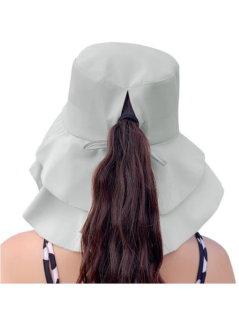 Women's Adjustable Sun Hat with Neck Flap - Wide Brim UV Protection Beach Visor for Outdoor Activities, Fishing, Hiking, and Travel - Light Gray Bucket Cap - Image 5
