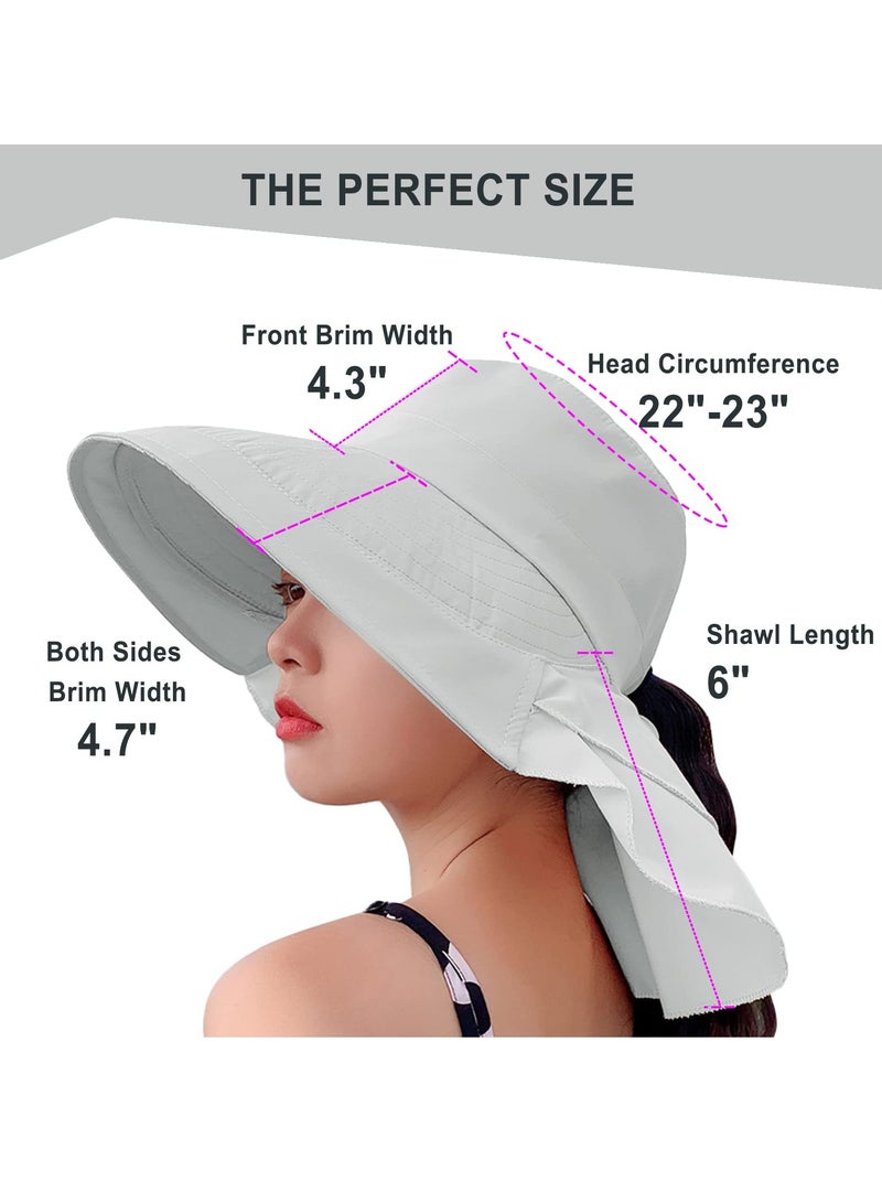 Women's Adjustable Sun Hat with Neck Flap - Wide Brim UV Protection Beach Visor for Outdoor Activities, Fishing, Hiking, and Travel - Light Gray Bucket Cap - Image 3