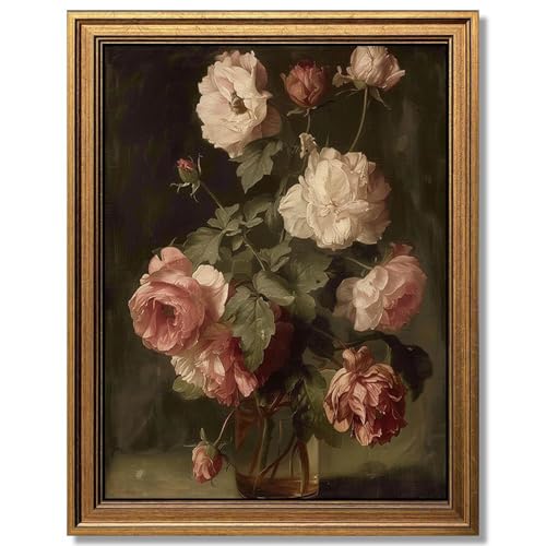 Yeechine Gold Framed Wall Art Vintage Flower Vase Painting Canvas Print Living Room Bedroom Kitchen Wall Decor (flower vase, 16" L x 12" W) - Image 1