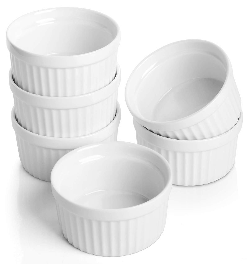 Samsle Porcelain Ramekins 4 oz Oven Safe Small Souffle Dishes for Creme Brulee Ice Cream Dipping and Sauces Cup Ceramic White Mini Baking Bowls Set of 6