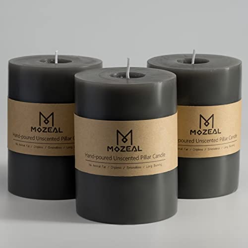 MOZEAL 3" x 4" Hand-Poured Unscented Candle,Dripless Pillar Candle Set of 3,Long Clean Burning,Approx 72 Hours Burn Time,Rustic Country Style,Wedding,Dinner,Christmas and Home Decor,Dark Gray - Image 1