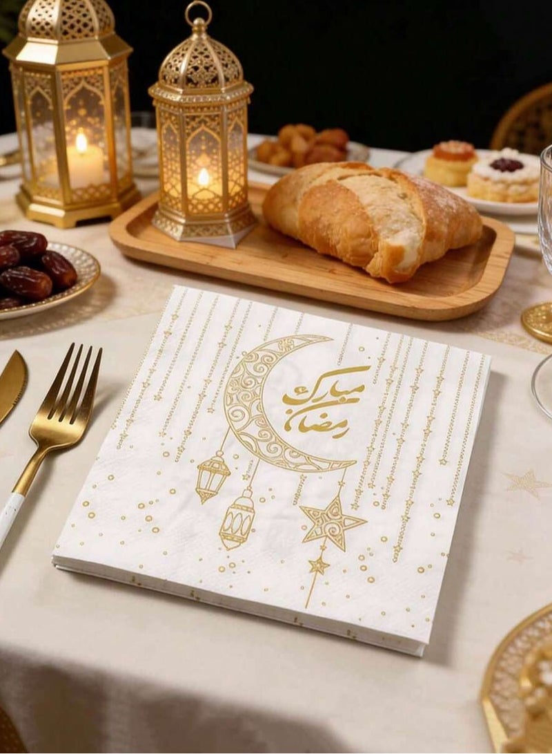زينة رمضان مناديل سفرة رمضان بتصميم هلال وفوانيس باللون الذهبي -20 قطعة مناديل ورقية فاخرة لتزيين طاولة الإفطار والسحور - Image 1