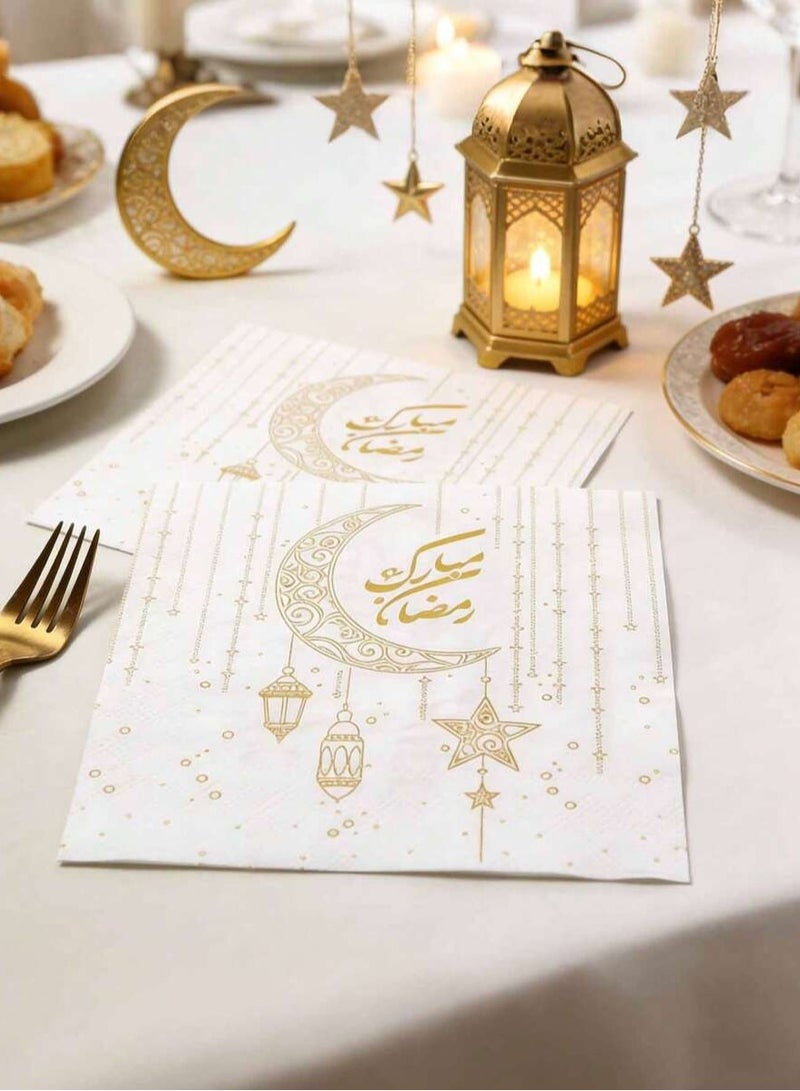 زينة رمضان مناديل سفرة رمضان بتصميم هلال وفوانيس باللون الذهبي -20 قطعة مناديل ورقية فاخرة لتزيين طاولة الإفطار والسحور - Image 4