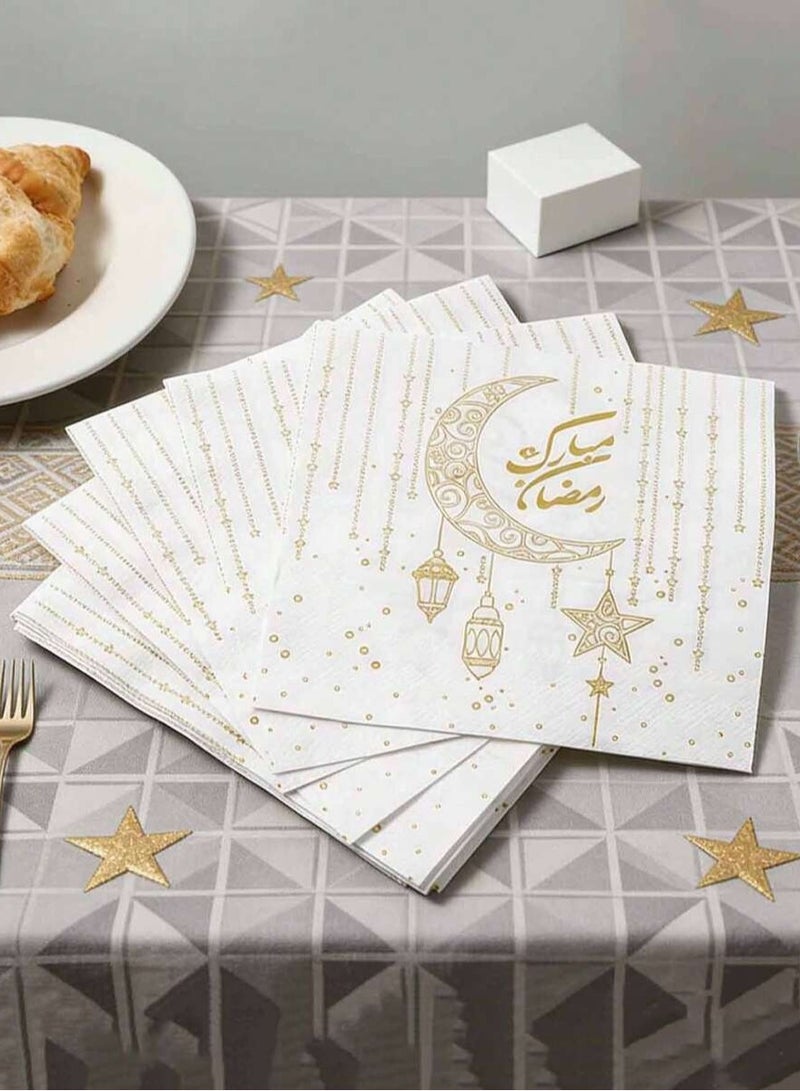 زينة رمضان مناديل سفرة رمضان بتصميم هلال وفوانيس باللون الذهبي -20 قطعة مناديل ورقية فاخرة لتزيين طاولة الإفطار والسحور - Image 2