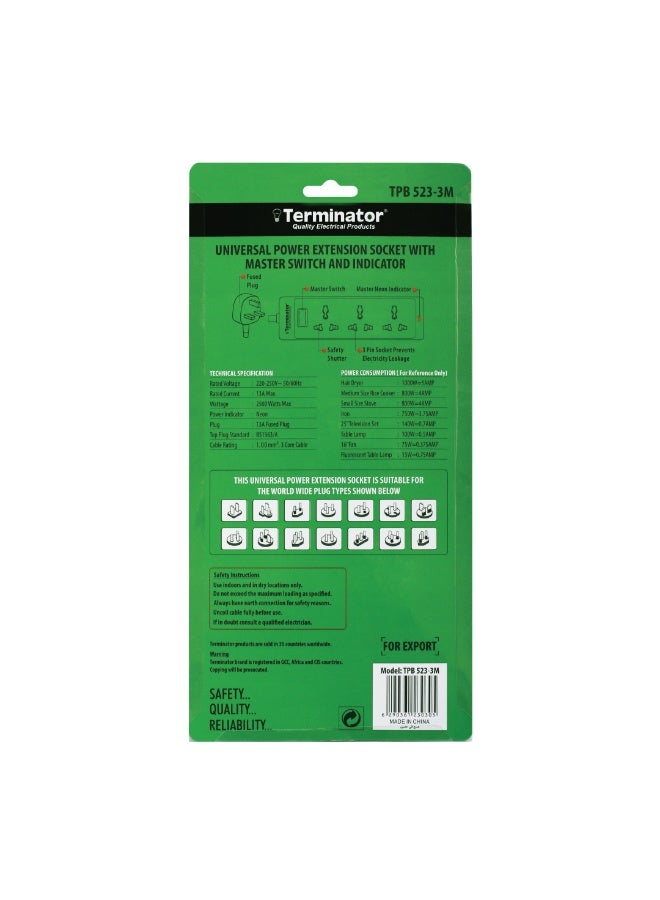 Terminator 3-Way Universal Power Extension Socket – 3M Cable, Master Switch, LED Indicator, 13A Fused Plug - Image 3