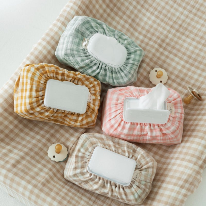 TISU Baby Wipes Cover Universal Size One Size Fits All Wipes Packages Muslin Cotton Tissue Cover for Nursery Diaper Bag Changing Table Station Gingham Neutral Patterns Beige Gingham - Image 2