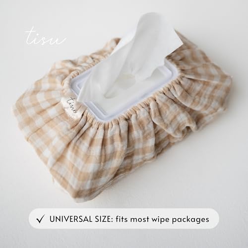 TISU Baby Wipes Cover Universal Size One Size Fits All Wipes Packages Muslin Cotton Tissue Cover for Nursery Diaper Bag Changing Table Station Gingham Neutral Patterns Beige Gingham - Image 3