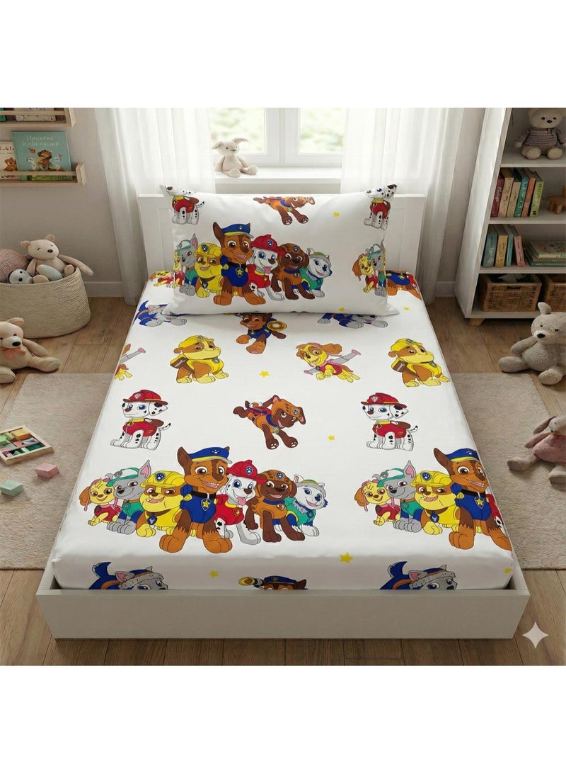 طقم سرير (ملاية سرير اطفال بأستيك لسرير مقاس 120 سم و كيس وسادة واحد تصميم هابي دوجز)