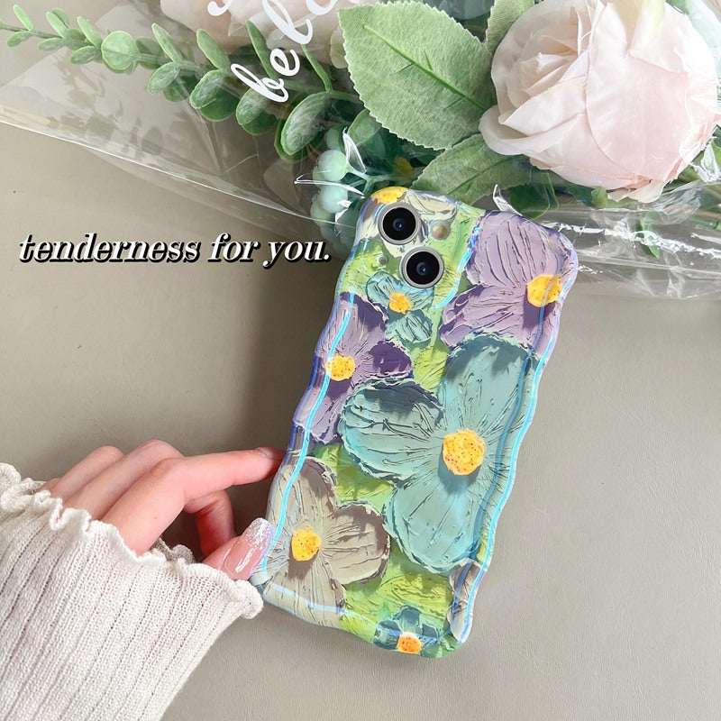 Blue Light Oil Painting Flower Apple 14promax Phone Case Wave iphone13/12Pro Women 11 Soft Case 16 - Image 1
