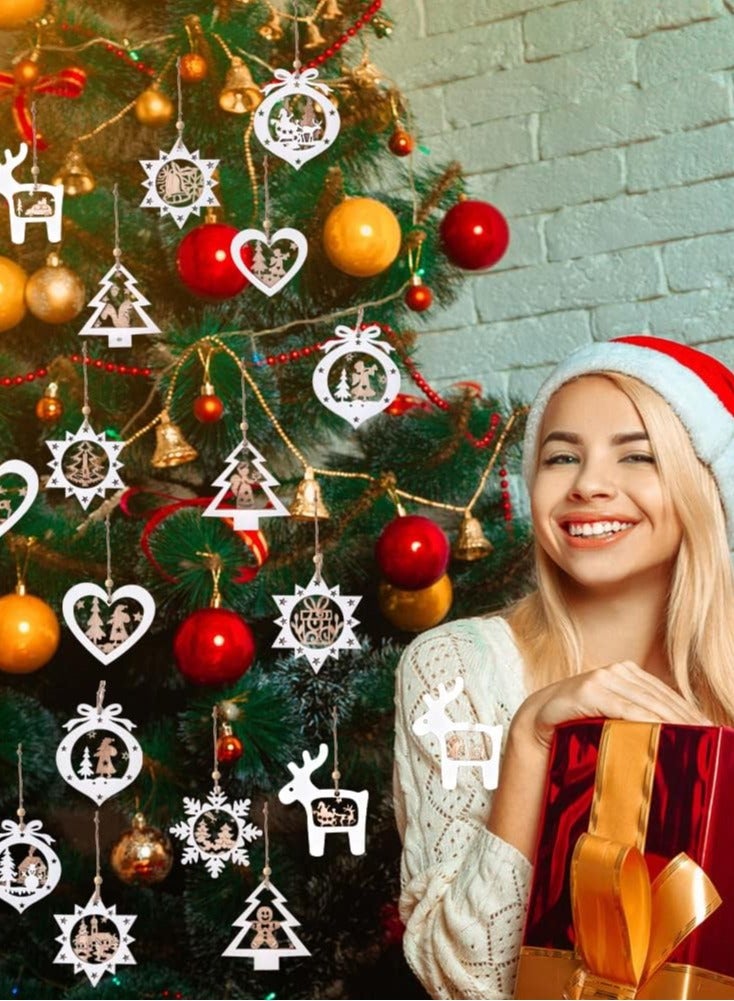 Eworld Set of 24 Wooden Christmas Tree Ornaments, 3D Rustic Farmhouse Hanging Decorations in 6 Unique Styles, Lightweight and Easy-to-Install Winter Wonderland Holiday Decor for Home, Office and Tree, White  - Image 5