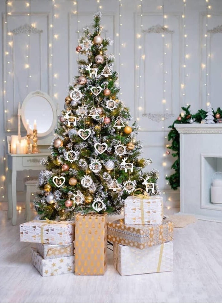 Eworld Set of 24 Wooden Christmas Tree Ornaments, 3D Rustic Farmhouse Hanging Decorations in 6 Unique Styles, Lightweight and Easy-to-Install Winter Wonderland Holiday Decor for Home, Office and Tree, White  - Image 3