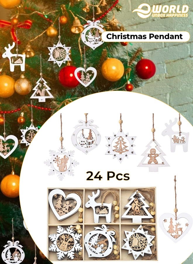 Eworld Set of 24 Wooden Christmas Tree Ornaments, 3D Rustic Farmhouse Hanging Decorations in 6 Unique Styles, Lightweight and Easy-to-Install Winter Wonderland Holiday Decor for Home, Office and Tree, White  - Image 1