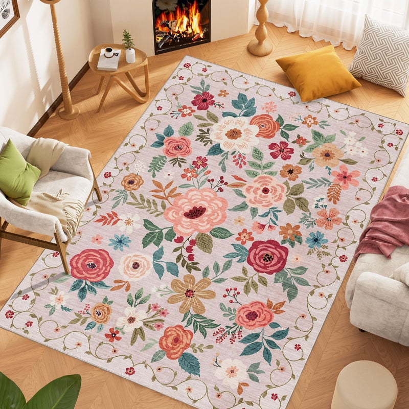 DUKINO 5x7 Area Rug, Floral Rugs for Living Room, Lightweight Non Slip Washable Rug, Indoor Low Pile & Non-Shedding Boho Design Rugs for Bedroom, Living Room, Dining Room, Beige - Image 2