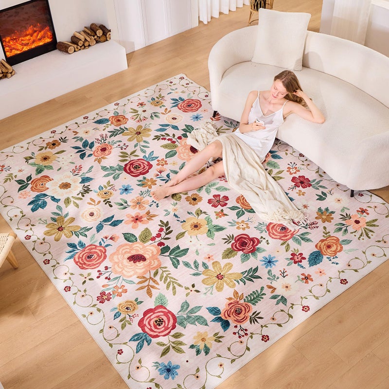 DUKINO 5x7 Area Rug, Floral Rugs for Living Room, Lightweight Non Slip Washable Rug, Indoor Low Pile & Non-Shedding Boho Design Rugs for Bedroom, Living Room, Dining Room, Beige - Image 3