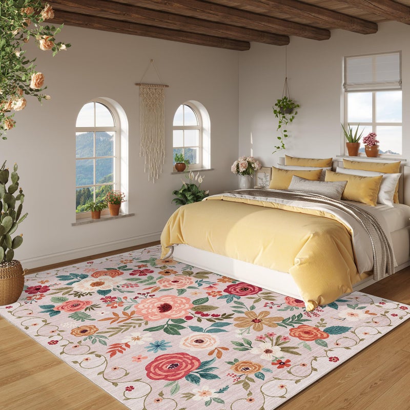 DUKINO 5x7 Area Rug, Floral Rugs for Living Room, Lightweight Non Slip Washable Rug, Indoor Low Pile & Non-Shedding Boho Design Rugs for Bedroom, Living Room, Dining Room, Beige - Image 4