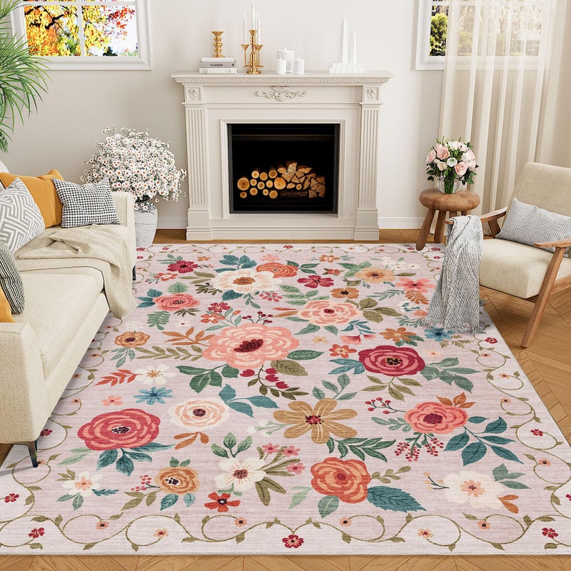 DUKINO 5x7 Area Rug, Floral Rugs for Living Room, Lightweight Non Slip Washable Rug, Indoor Low Pile & Non-Shedding Boho Design Rugs for Bedroom, Living Room, Dining Room, Beige - Image 1