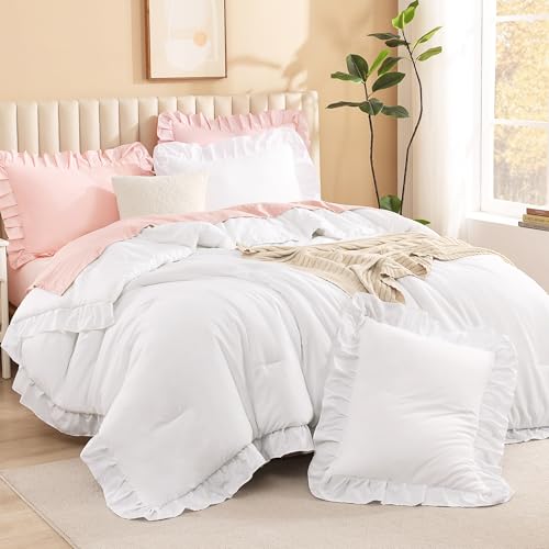 Litanika White Comforter Full Size Sets, 3 Pieces Ruffle Shabby Chic Farmhouse Women Vintage Aesthetic Bedding Set & Collections, Winter Fluffy Bedding Set as Gift (79x90In Comforter & 2 Pillowcases) - Image 1