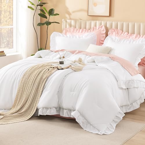 Litanika White Comforter Full Size Sets, 3 Pieces Ruffle Shabby Chic Farmhouse Women Vintage Aesthetic Bedding Set & Collections, Winter Fluffy Bedding Set as Gift (79x90In Comforter & 2 Pillowcases) - Image 2