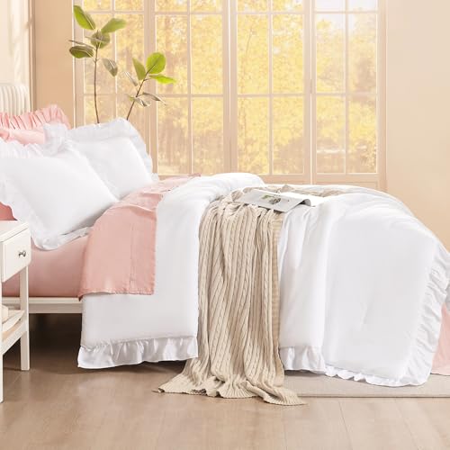 Litanika White Comforter Full Size Sets, 3 Pieces Ruffle Shabby Chic Farmhouse Women Vintage Aesthetic Bedding Set & Collections, Winter Fluffy Bedding Set as Gift (79x90In Comforter & 2 Pillowcases) - Image 3