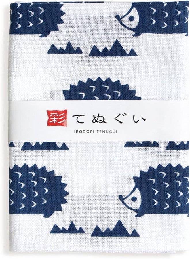 KOMESICHI irodori Japanese Traditional Towel Tenugui Hedgehog (White) 12.99 x 34.64 in with Tenugui Iroha (English Manual) Without Fray Prevention - Image 1