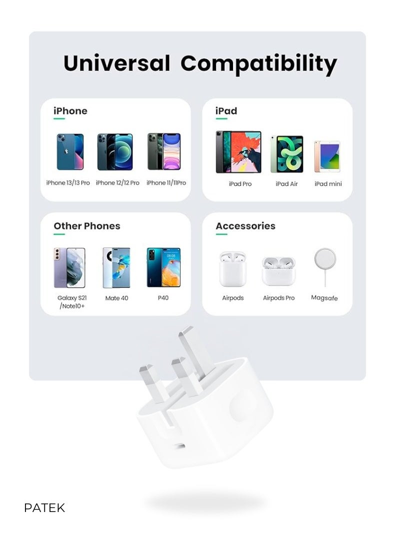 PATEK - 20W USB-C Power Adapter | 1 Year Warranty | Fast Charger for iPhone with USB-C Compatibility | White | 3 Pin - Image 1
