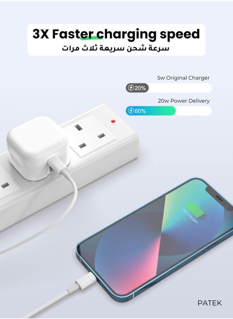 PATEK - 20W USB-C Power Adapter | 1 Year Warranty | Fast Charger for iPhone with USB-C Compatibility | White | 3 Pin - Image 1