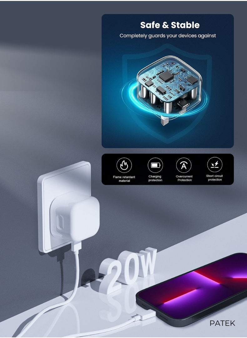 PATEK - 20W USB-C Power Adapter | 1 Year Warranty | Fast Charger for iPhone with USB-C Compatibility | White | 3 Pin - Image 1
