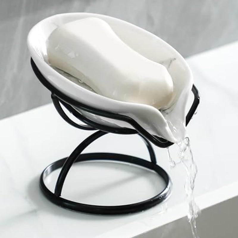 Dobbyby LeafShaped Soap Dish Premium Ceramic Soap Bar Holder with SelfDrainage System Bar Soap Holder for Shower Bathroom Sink Kitchen Waterfall Soap Dish with Stainless Steel Stand Black