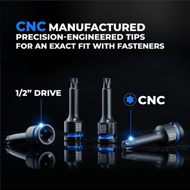 toolant Impact Torx Bit Socket Set 8pcs(T30-T70),1/2" S2 Steel Air Drive Star Sockets, High Impact Bits,Professional Mechanic & Automotive Repair Socket Set - Image 4