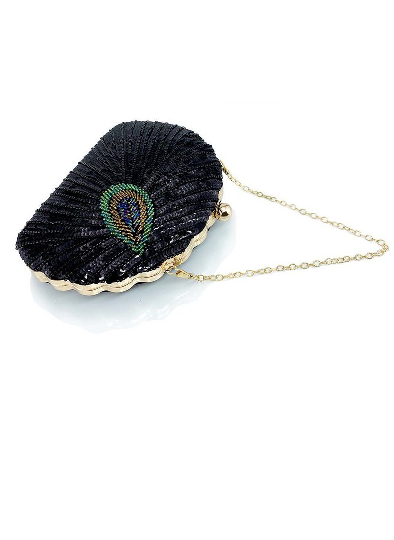 Loquat - Womens Sequin Nail Bead Peacock Pattern Clutch Purses Evening Crossbody Bag Chain Handbag for Wedding Cocktail Party Prom Black - Image 1