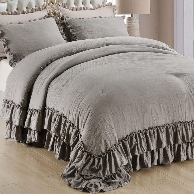 GRAY RUFFLED COMFORTER SET KINGFARMHOUSE SHABBY BOHO CHIC BEDDING COMFORTER LIGHTWEIGHT FLUFFY AESTHETIC VINTAGE RUSTIC BEDDING 3 PIECES 1 RUFFLE COMFORTER AND 2 PILLOWCASES