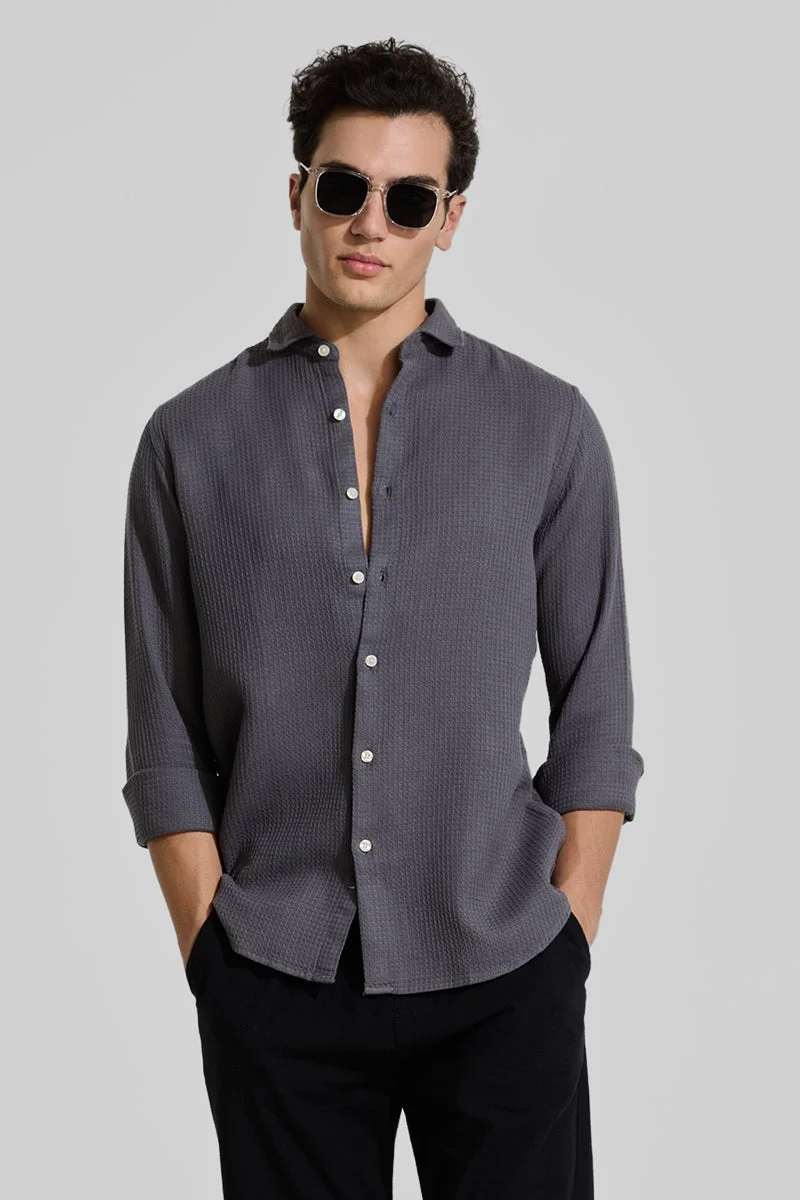 SNITCH Charcoal Grey Slim Fit Textured Shirt