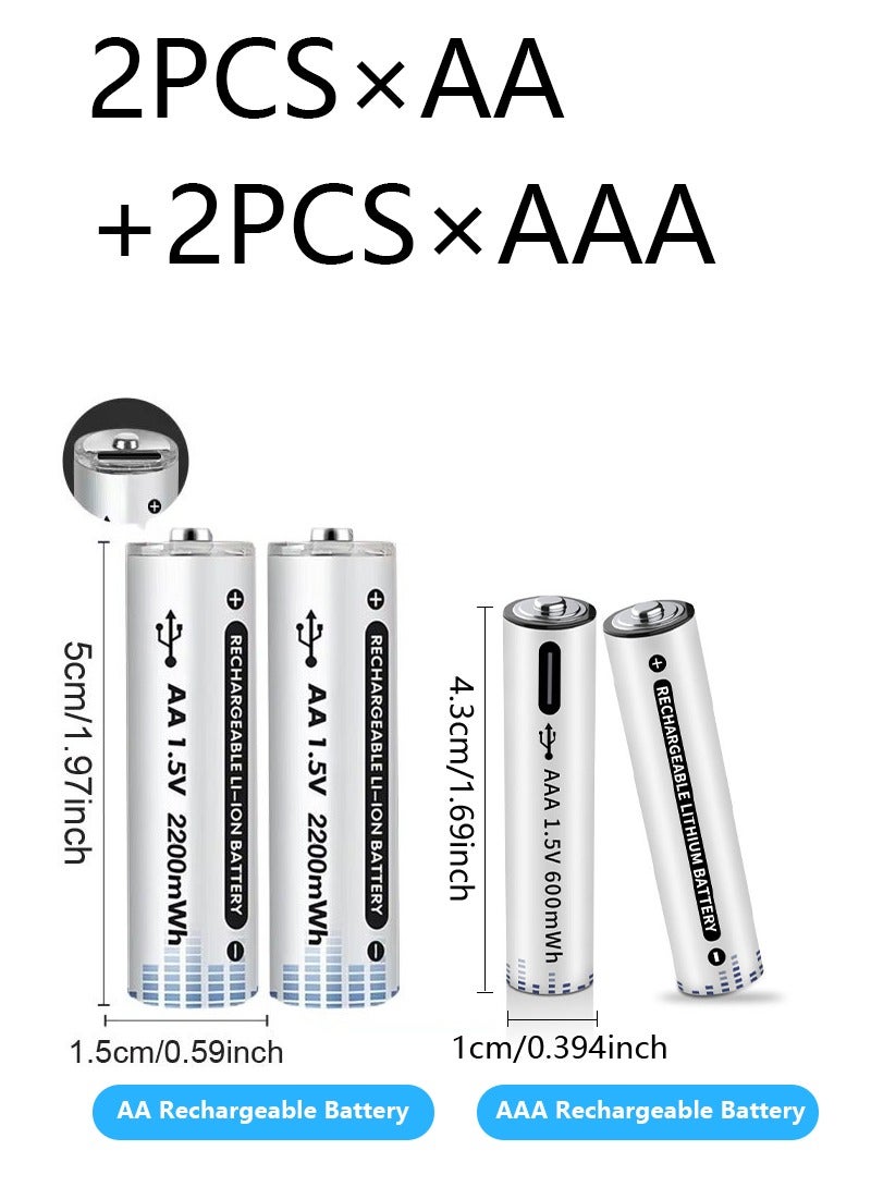 2-Pack  AA +2-Pack  AAA  USB Lithium ion Rechargeable Battery, High Capacity 1.5V 600mWh+2200mW Rechargeable AA Battery, Cycle With Type C Port Cable, Constant Output