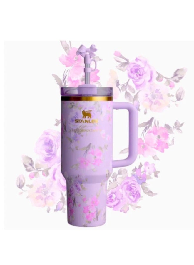 Stanley Stanley Love Shack Fancy H2.0 Flow State 40oz Purple Rose Tumbler, Stainless Steel Vacuum Insulated Quencher with Lid, Straw, and Stopper, Ideal for Water and Iced Tea, Keeps Drinks Cold, Presented in Elegant Gift-Ready Packaging - Image 1