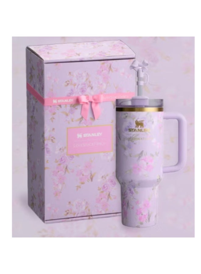 Stanley Stanley Love Shack Fancy H2.0 Flow State 40oz Purple Rose Tumbler, Stainless Steel Vacuum Insulated Quencher with Lid, Straw, and Stopper, Ideal for Water and Iced Tea, Keeps Drinks Cold, Presented in Elegant Gift-Ready Packaging - Image 2
