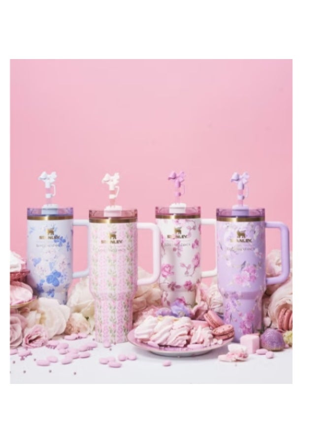 Stanley Stanley Love Shack Fancy H2.0 Flow State 40oz Purple Rose Tumbler, Stainless Steel Vacuum Insulated Quencher with Lid, Straw, and Stopper, Ideal for Water and Iced Tea, Keeps Drinks Cold, Presented in Elegant Gift-Ready Packaging - Image 4