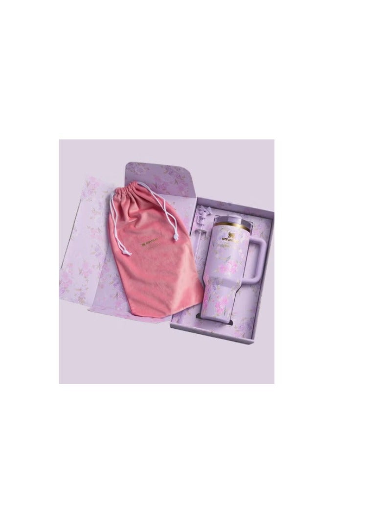 Stanley Stanley Love Shack Fancy H2.0 Flow State 40oz Purple Rose Tumbler, Stainless Steel Vacuum Insulated Quencher with Lid, Straw, and Stopper, Ideal for Water and Iced Tea, Keeps Drinks Cold, Presented in Elegant Gift-Ready Packaging - Image 3