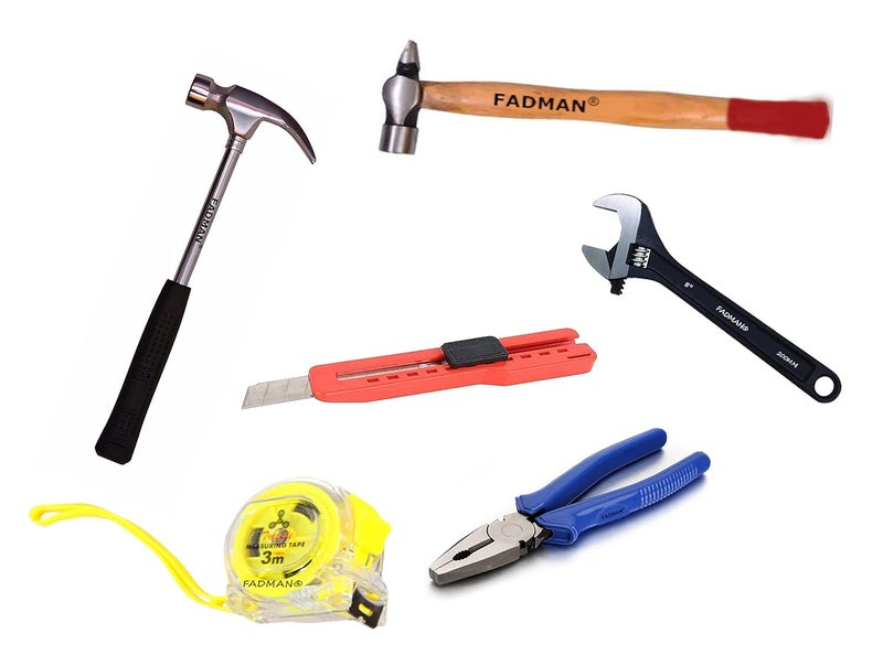 Fadman Fadman Hand Tool kit Blue Plier Claw Hammer Wrench 200mm Measuring Tape 3 Meter Utility Cutter Wooden Hammer Short 
