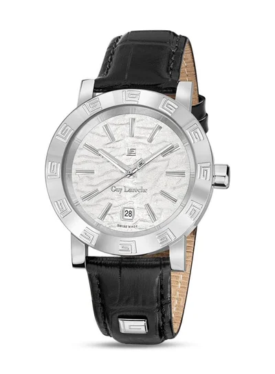 Guy Laroche Alex 40mm Men's Swiss Quartz Watch with White Textured Dial & Black Leather Strap