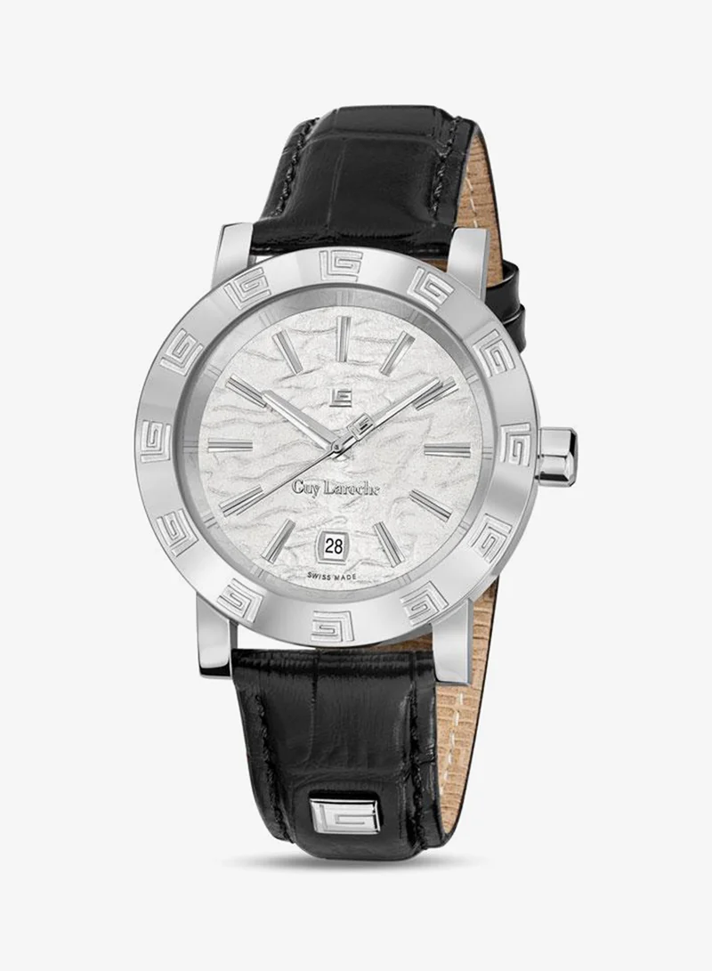 Guy Laroche Alex White Textured Dial and Black Leather Strap Watch for Men 40mm