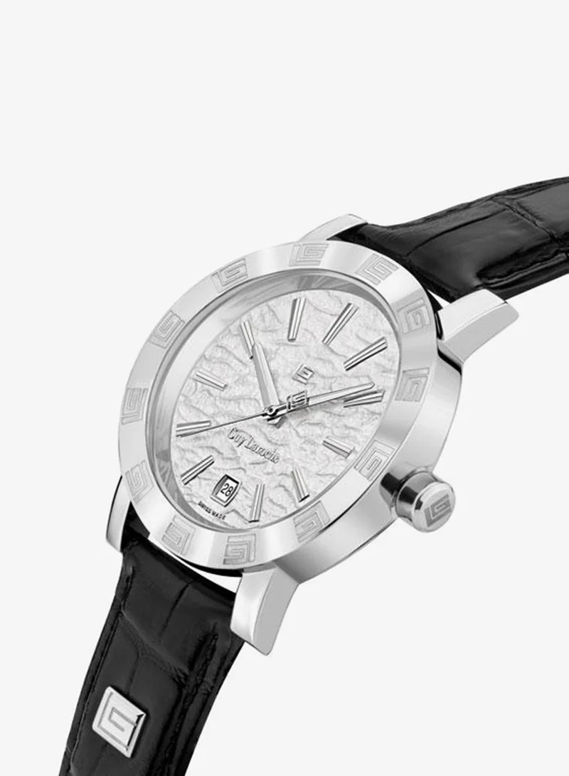 Guy Laroche Alex White Textured Dial and Black Leather Strap Watch for Men 40mm