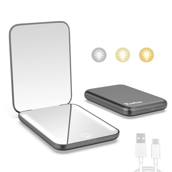 RECHARGEABLE POCKET MIRROR DOUBLE SIDED 1X3X MAGNIFICATION COMPACT VANITY MIRROR 3 COLOR LIGHTS DIMMABLE SMALL PORTABLE WALLET MIRROR LIGHTED TRAVEL MIRROR FOR WOMEN GIFTS BLACK