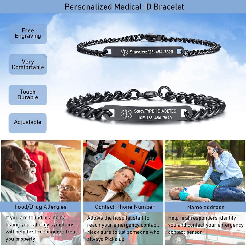 VNOX Medical Alert ID Bracelet - Mens Womens Stainless Steel ID Tag Medical Alert Emergency Bracelet,7.2/8/8.4 Inches - Image 2