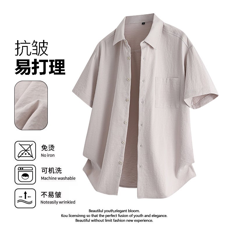 New Summer Short-Sleeved Workwear Solid Color Shirt Men'S White Black Military Green Light Yellow Light Card - Image 4