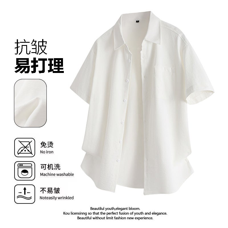 New Summer Short-Sleeved Workwear Solid Color Shirt Men'S White Black Military Green Light Yellow Light Card - Image 1