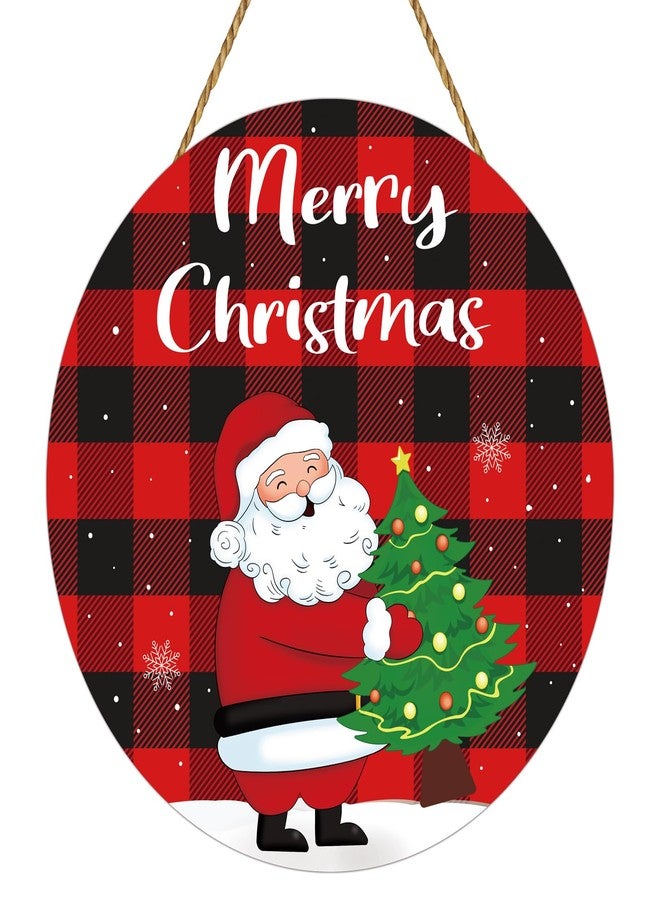 YUNKKIN Christmas Door Decorations Merry Christmas Sign Buffalo Plaid Wall Decorations Cute Santa Claus Decor Wreath Wooden Front Door Hanger Santa Claus Tree Hanging Sign for Wall Indoor Home Decor - Image 1
