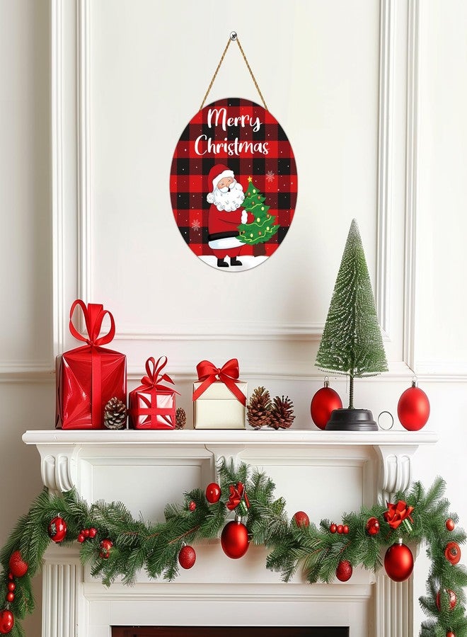 YUNKKIN Christmas Door Decorations Merry Christmas Sign Buffalo Plaid Wall Decorations Cute Santa Claus Decor Wreath Wooden Front Door Hanger Santa Claus Tree Hanging Sign for Wall Indoor Home Decor - Image 5
