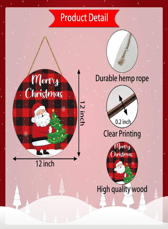 YUNKKIN Christmas Door Decorations Merry Christmas Sign Buffalo Plaid Wall Decorations Cute Santa Claus Decor Wreath Wooden Front Door Hanger Santa Claus Tree Hanging Sign for Wall Indoor Home Decor - Image 2