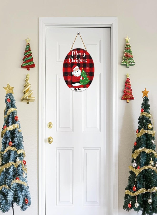 YUNKKIN Christmas Door Decorations Merry Christmas Sign Buffalo Plaid Wall Decorations Cute Santa Claus Decor Wreath Wooden Front Door Hanger Santa Claus Tree Hanging Sign for Wall Indoor Home Decor - Image 3