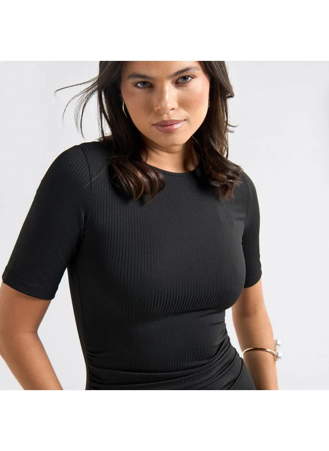 Splash FAV Textured High Neck Bodycon Dress with Short Sleeves and Slit Detail